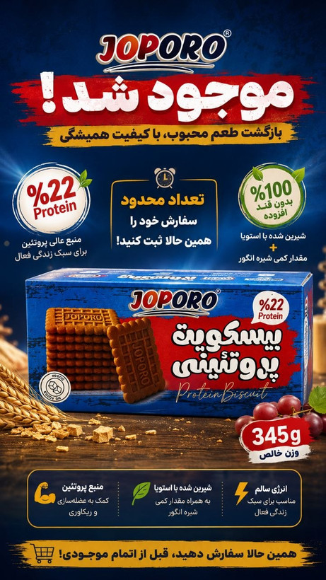 بیسکوئیت بدون قند پروتئینی جودوسر حاوی استویا و شیره انگور ۳۵۰گرمی